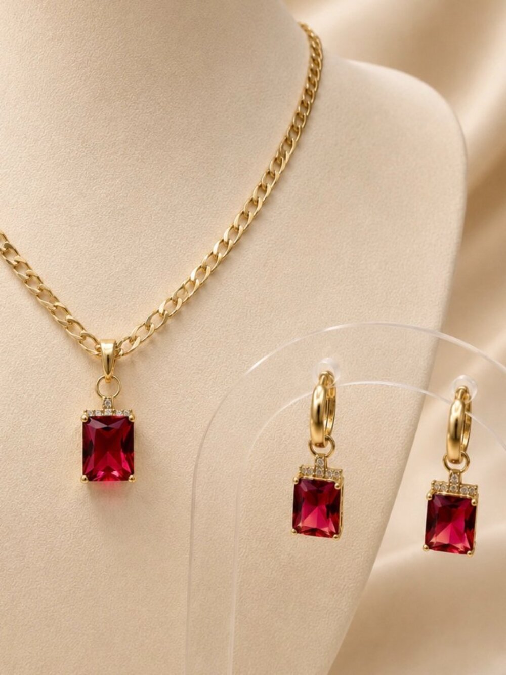 Ruby Red Necklace & Earrings Set-14K Gold Plated- Brand New
